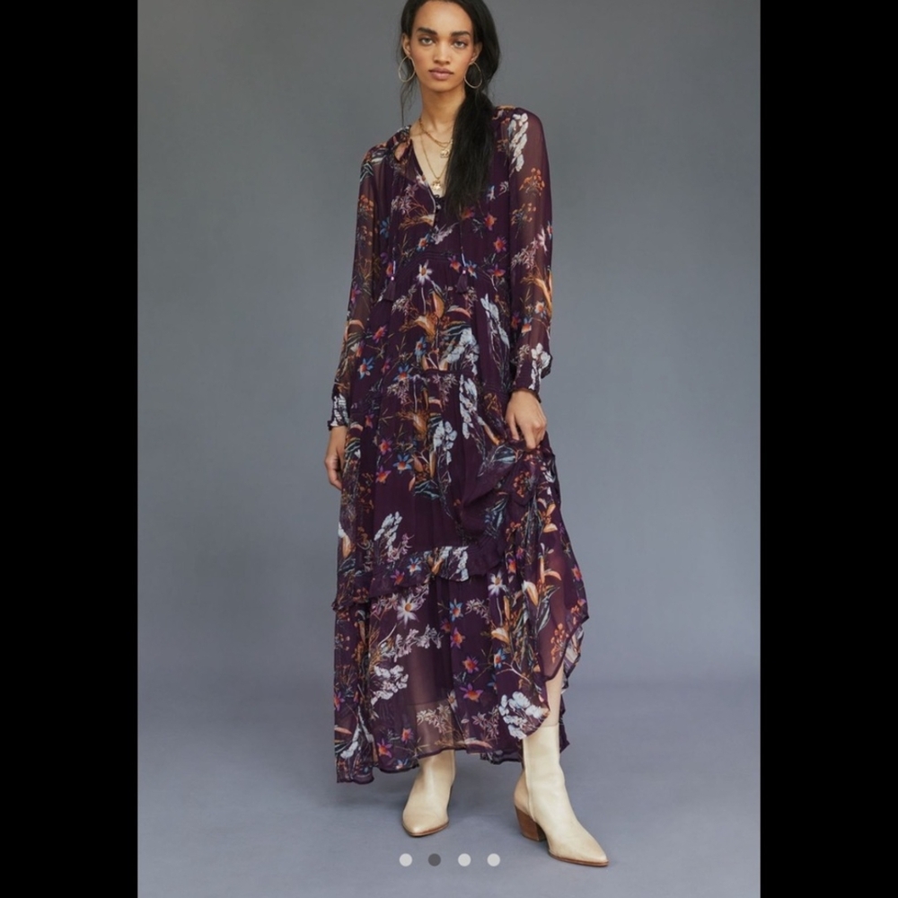 Anthropologie Purple Pleated Wrap Sundress with Bishop Sleeves